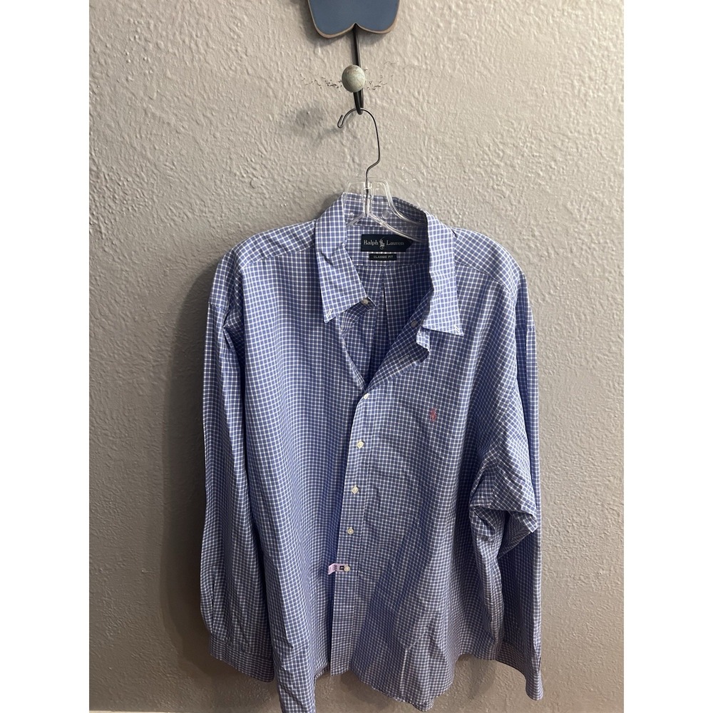 Ralph Lauren Shirt Men Size 18 XXL Plaid Button Up Blue & White Classic Fit